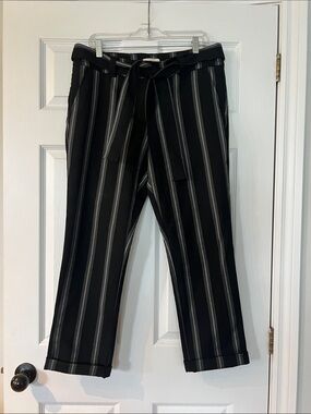 LOFT Black Trousers with Gray Pinstripes and Self-Tie Waist
